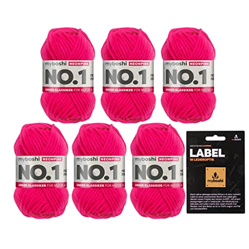 myboshi No.1 Wolle zum Häkeln und Stricken, Schnellstrickgarn, langlebige Mützenwolle, Strickwolle, Häkelwolle, mulesing-frei, Ll. 55m /50g, 30% Wolle (Merinowolle) Neonpink 6 Knäuel von myboshi