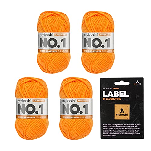 myboshi No.1 Wolle zum Häkeln und Stricken, Schnellstrickgarn, inkl. Label, Strickwolle, Häkelwolle, mulesing-frei, Ll. 55m /50g, 30% Wolle (Merinowolle) Orange (Aprikose), 4 Knäuel von myboshi