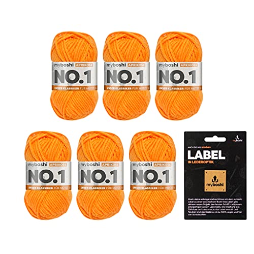 myboshi No.1 Wolle zum Häkeln und Stricken, Schnellstrickgarn, langlebige Mützenwolle, Strickwolle, Häkelwolle, mulesing-frei, Ll. 55m /50g, 30% Wolle (Merinowolle) Orange (Aprikose) 6 Knäuel von myboshi