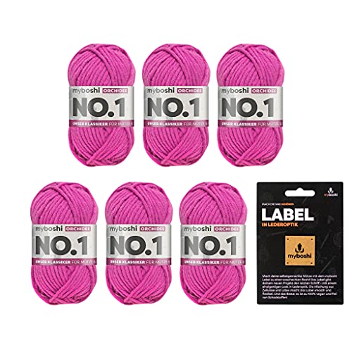 myboshi No.1 Wolle zum Häkeln und Stricken, Schnellstrickgarn, langlebige Mützenwolle, Strickwolle, Häkelwolle, mulesing-frei, Ll. 55m /50g, 30% Wolle (Merinowolle) Rosa (Orchidee) 6 Knäuel von myboshi
