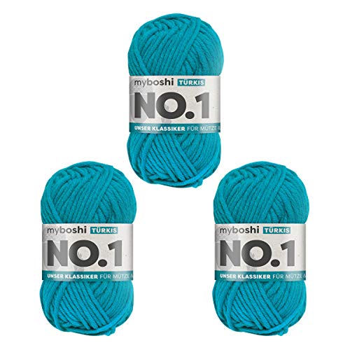 myboshi No.1 Wolle zum Häkeln und Stricken, Schnellstrickgarn, langlebige Mützenwolle, Strickwolle, Häkelwolle, mulesing-frei, 50g, Ll 55m Blau (Türkis) 3 Knäuel von myboshi