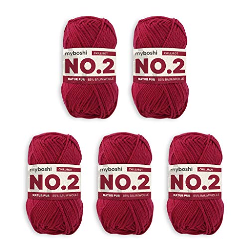 myboshi No.2 Baumwolle zum Häkeln, Baby Wolle, vegane Wolle zum Stricken, Wolle 60 Grad waschbar, für Baby und Amigurumi, 50g, Ll 100m Rot (Chillirot), 5 Knäuel von myboshi