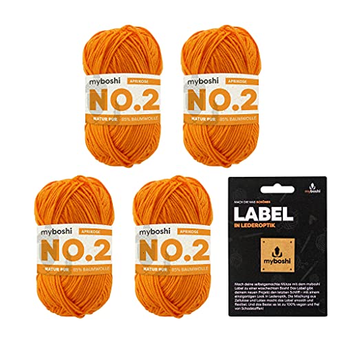 myboshi No.2 inkl. Label, Baumwolle zum Häkeln, Baby Wolle, vegane Wolle zum Stricken, Wolle 60 Grad waschbar, für Baby und Amigurumi, 50g, Ll 100m Orange (Aprikose), 4 Knäuel von myboshi