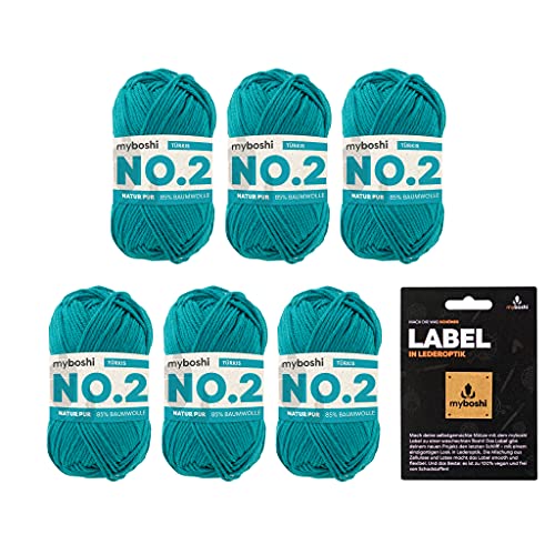 myboshi No.2 inkl. Label, Baumwolle zum Häkeln, Baby Wolle, vegane Wolle zum Stricken, Wolle 60 Grad waschbar, für Baby und Amigurumi, 50g, Ll 100m Blau (Türkis) 6 Knäuel von myboshi