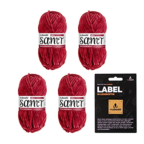 myboshi Samt-Wolle, inkl. original myboshi Label in Lederoptik, weiches Chenille-Garn, Ll. 100m/50g, für Amigurumi und Kissen, 100% flauschige Polyester Rot (Ara) 4 Knäuel von myboshi