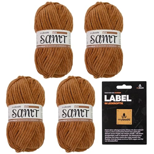 myboshi Samt-Wolle, inkl. original myboshi Label in Lederoptik, weiches Chenille-Garn, Ll. 100m/50g, für Amigurumi und Kissen, 100% flauschige Polyester Braun (Bär) 4 Knäuel von myboshi