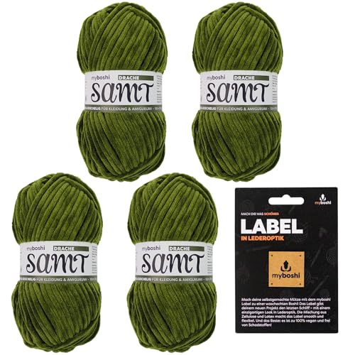myboshi Samt-Wolle, inkl. original myboshi Label in Lederoptik, weiches Chenille-Garn, Ll. 100m/50g, für Amigurumi und Kissen, 100% flauschige Polyester Grün (Drache) 4 Knäuel von myboshi
