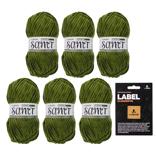 myboshi Samt-Wolle, inkl. original myboshi Label in Lederoptik, weiches Chenille-Garn, Ll. 100m/50g, für Amigurumi und Kissen, 100% flauschige Polyester Grün (Drache) 6 Knäuel von myboshi