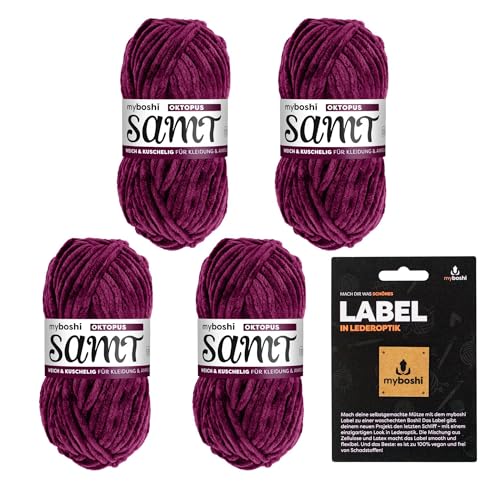 myboshi Samt-Wolle, inkl. original myboshi Label in Lederoptik, weiches Chenille-Garn, Ll. 100m/50g, für Amigurumi und Kissen, 100% flauschige Polyester Lila (Oktopus) 4 Knäuel von myboshi
