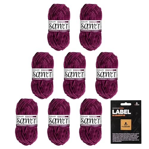 myboshi Samt-Wolle, inkl. original myboshi Label in Lederoptik, weiches Chenille-Garn, Ll. 100m/50g, für Amigurumi und Kissen, 100% flauschige Polyester Lila (Oktopus) 8 Knäuel von myboshi