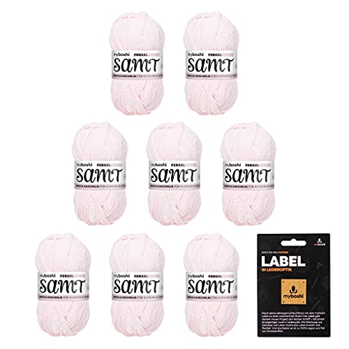 myboshi Samt-Wolle, inkl. original myboshi Label in Lederoptik, weiches Chenille-Garn, Ll. 100m/50g, für Amigurumi und Kissen, 100% flauschige Polyester Rosa (Ferkel) 8 Knäuel von myboshi