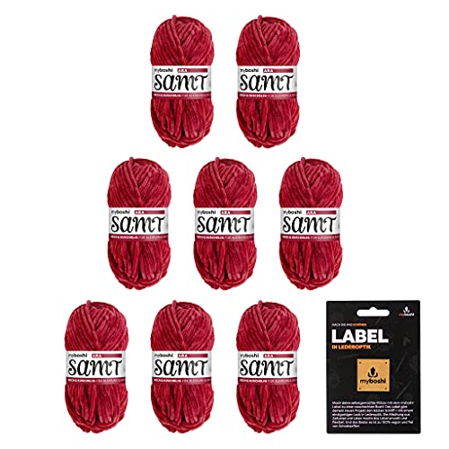 myboshi Samt-Wolle, inkl. original myboshi Label in Lederoptik, weiches Chenille-Garn, Ll. 100m/50g, für Amigurumi und Kissen, 100% flauschige Polyester Rot (Ara) 8 Knäuel von myboshi