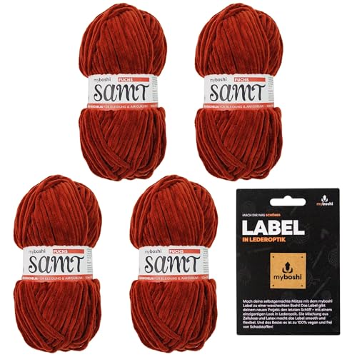 myboshi Samt-Wolle, inkl. original myboshi Label in Lederoptik, weiches Chenille-Garn, Ll. 100m/50g, für Amigurumi und Kissen, 100% flauschige Polyester Rot (Fuchs) 4 Knäuel von myboshi