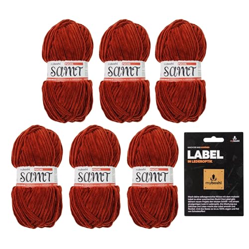 myboshi Samt-Wolle, inkl. original myboshi Label in Lederoptik, weiches Chenille-Garn, Ll. 100m/50g, für Amigurumi und Kissen, 100% flauschige Polyester Rot (Fuchs) 6 Knäuel von myboshi