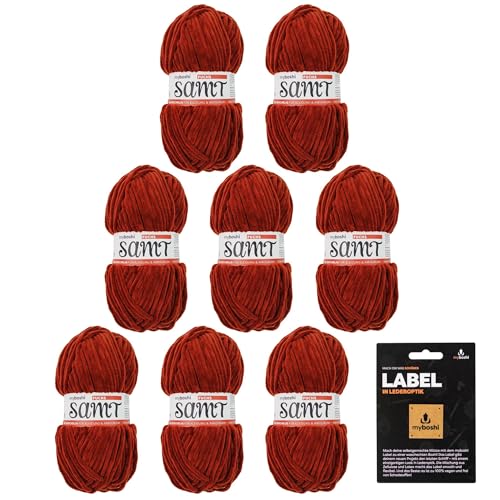 myboshi Samt-Wolle, inkl. original myboshi Label in Lederoptik, weiches Chenille-Garn, Ll. 100m/50g, für Amigurumi und Kissen, 100% flauschige Polyester Rot (Fuchs) 8 Knäuel von myboshi