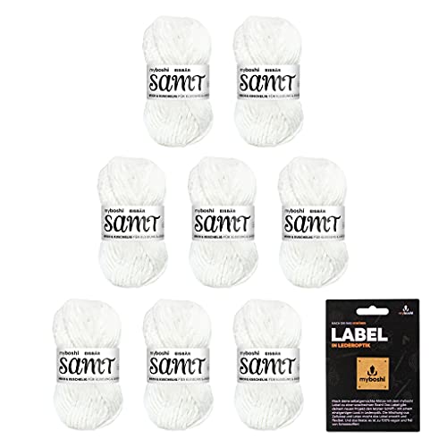 myboshi Samt-Wolle, inkl. original myboshi Label in Lederoptik, weiches Chenille-Garn, Ll. 100m/50g, für Amigurumi und Kissen, 100% flauschige Polyester Weiß (Eisbär) 8 Knäuel von myboshi
