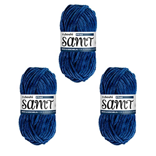 myboshi Samt Wolle zum Häkeln und Stricken, weiche Chenille Wolle im XXL-Knäuel, perfekt für Amigurumi und Kissen, 100% flauschige Polyester, 100g, Ll 100m, Blau (Pfau) 3 Knäuel von myboshi