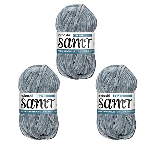 myboshi Samt Wolle zum Häkeln und Stricken, weiche Chenille Wolle im XXL-Knäuel, perfekt für Amigurumi und Kissen, 100% Flauschige Polyester, 100g, Ll 100m Grau (Delfin) 3 Knäuel von myboshi