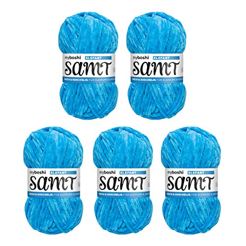 myboshi Samt Wolle zum Häkeln und Stricken, weiche Chenille Wolle im XXL-Knäuel, perfekt für Amigurumi und Kissen, 100% flauschige Polyester, 100g, Ll 100m, Blau (Elefant) 5 Knäuel von myboshi