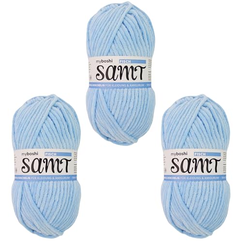 myboshi Samt Wolle zum Häkeln und Stricken, weiche Chenille Wolle im XXL-Knäuel, perfekt für Amigurumi und Kissen, 100% flauschige Polyester, 100g, Ll 100m Blau (Fisch) 3 Knäuel von myboshi