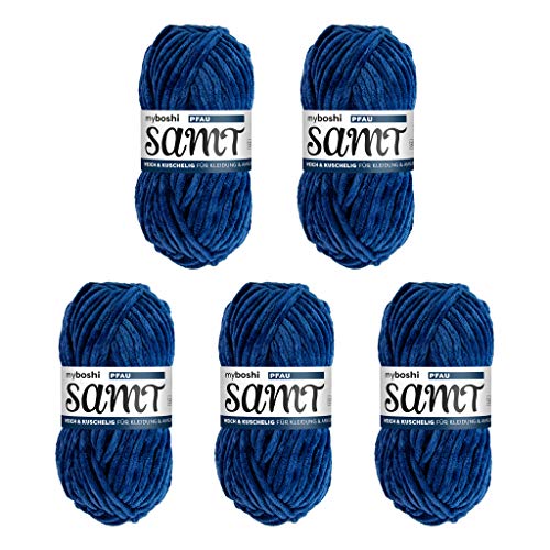 myboshi Samt Wolle zum Häkeln und Stricken, weiche Chenille Wolle im XXL-Knäuel, perfekt für Amigurumi und Kissen, 100% flauschige Polyester, 100g, Ll 100m, Blau (Pfau) 5 Knäuel von myboshi