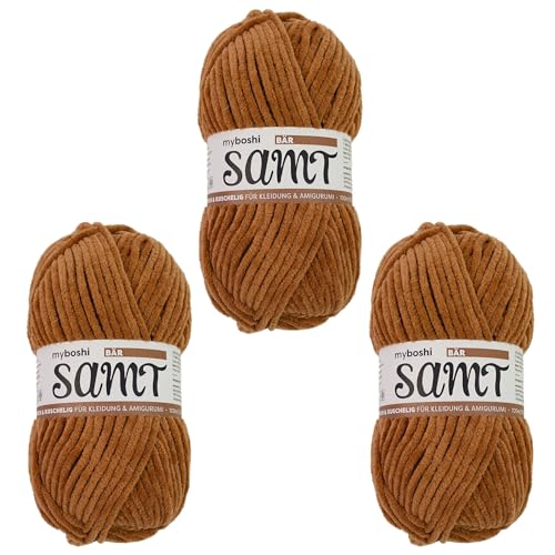 myboshi Samt Wolle zum Häkeln und Stricken, weiche Chenille Wolle im XXL-Knäuel, perfekt für Amigurumi und Kissen, 100% flauschige Polyester, 100g, Ll 100m, Braun (Bär) 3 Knäuel von myboshi