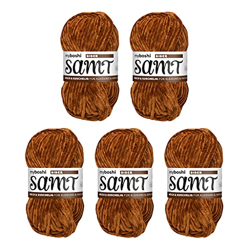 myboshi Samt Wolle zum Häkeln und Stricken, weiche Chenille Wolle im XXL-Knäuel, perfekt für Amigurumi und Kissen, 100% flauschige Polyester, 100g, Ll 100m, Braun (Biber) 5 Knäuel von myboshi