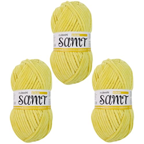 myboshi Samt Wolle zum Häkeln und Stricken, weiche Chenille Wolle im XXL-Knäuel, perfekt für Amigurumi und Kissen, 100% flauschige Polyester, 100g, Ll 100m, Gelb (Küken) 3 Knäuel von myboshi