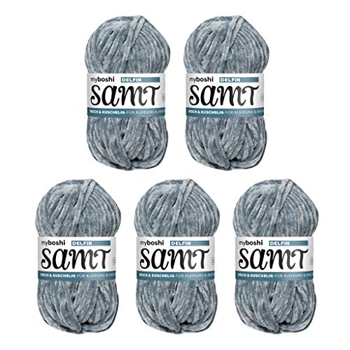 myboshi Samt Wolle zum Häkeln und Stricken, weiche Chenille Wolle im XXL-Knäuel, perfekt für Amigurumi und Kissen, 100% flauschige Polyester, 100g, Ll 100m, Grau (Delfin) 5 Knäuel von myboshi