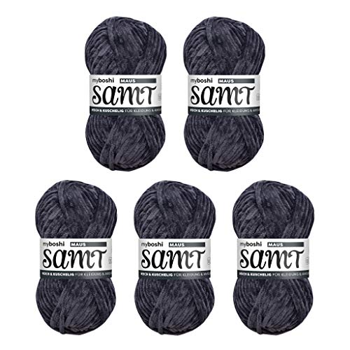 myboshi Samt Wolle zum Häkeln und Stricken, weiche Chenille Wolle im XXL-Knäuel, perfekt für Amigurumi und Kissen, 100% flauschige Polyester, 100g, Ll 100m, Grau (Maus) 5 Knäuel von myboshi