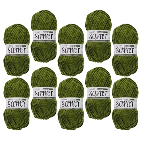 myboshi Samt Wolle zum Häkeln und Stricken, weiche Chenille Wolle im XXL-Knäuel, perfekt für Amigurumi und Kissen, 100% flauschige Polyester, 100g, Ll 100m, Grün (Drache) 10 Knäuel von myboshi
