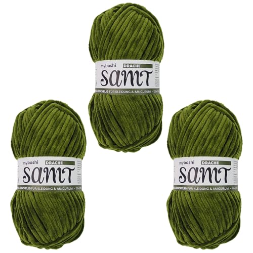 myboshi Samt Wolle zum Häkeln und Stricken, weiche Chenille Wolle im XXL-Knäuel, perfekt für Amigurumi und Kissen, 100% flauschige Polyester, 100g, Ll 100m, Grün (Drache) 3 Knäuel von myboshi