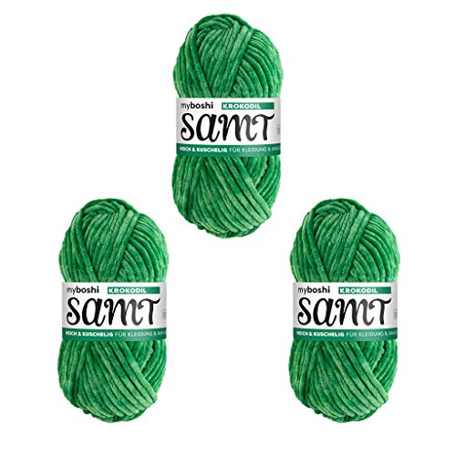 myboshi Samt Wolle zum Häkeln und Stricken, weiche Chenille Wolle im XXL-Knäuel, perfekt für Amigurumi und Kissen, 100% flauschige Polyester, 100g, Ll 100m Grün (Krokodil) 3 Knäuel von myboshi