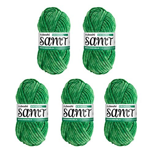 myboshi Samt Wolle zum Häkeln und Stricken, weiche Chenille Wolle im XXL-Knäuel, perfekt für Amigurumi und Kissen, 100% flauschige Polyester, 100g, Ll 100m, Grün (Krokodil) 5 Knäuel von myboshi
