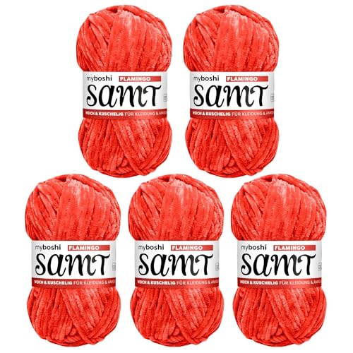 myboshi Samt Wolle zum Häkeln und Stricken, weiche Chenille Wolle im XXL-Knäuel, perfekt für Amigurumi und Kissen, 100% flauschige Polyester, 100g, Ll 100m, Orange (Flamingo) 5 Knäuel von myboshi