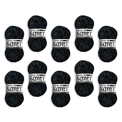 myboshi Samt Wolle zum Häkeln und Stricken, weiche Chenille Wolle im XXL-Knäuel, perfekt für Amigurumi und Kissen, 100% flauschige Polyester, 100g, Ll 100m, Schwarz (Rabe) 10 Knäuel von myboshi