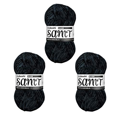 myboshi Samt Wolle zum Häkeln und Stricken, weiche Chenille Wolle im XXL-Knäuel, perfekt für Amigurumi und Kissen, 100% flauschige Polyester, 100g, Ll 100m, Schwarz (Rabe) 3 Knäuel von myboshi