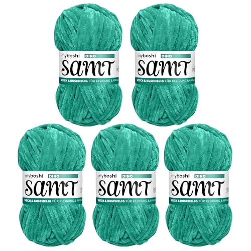 myboshi Samt Wolle zum Häkeln und Stricken, weiche Chenille Wolle im XXL-Knäuel, perfekt für Amigurumi und Kissen, 100% flauschige Polyester, 100g, Ll 100m, Türkis (Dino) 5 Knäuel von myboshi