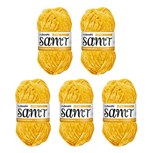 myboshi Samt Wolle zum Häkeln und Stricken, weiche Chenille Wolle im XXL-Knäuel, perfekt für Amigurumi und Kissen, 100% flauschige Polyester, 100g, Ll 100m, Gelb (Löwe) 5 Knäuel von myboshi