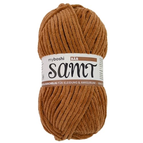myboshi Samt Wolle zum Häkeln und Stricken, weiche Chenille Wolle im XXL-Knäuel, perfekt für Amigurumi und Kissen, 100% flauschige Polyester, 100g, Ll 100m Braun (Bär), 1 Knäuel von myboshi