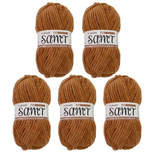 myboshi Samt Wolle zum Häkeln und Stricken, weiche Chenille Wolle im XXL-Knäuel, perfekt für Amigurumi und Kissen, 100% flauschige Polyester, 100g, Ll 100m, Braun (Bär) 5 Knäuel von myboshi