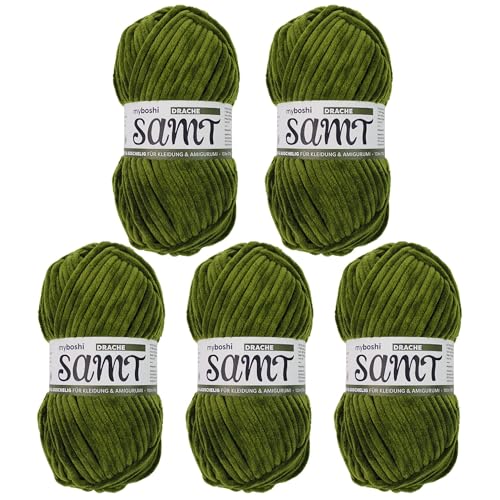 myboshi Samt Wolle zum Häkeln und Stricken, weiche Chenille Wolle im XXL-Knäuel, perfekt für Amigurumi und Kissen, 100% flauschige Polyester, 100g, Ll 100m Grün (Drache), 5 Knäuel von myboshi