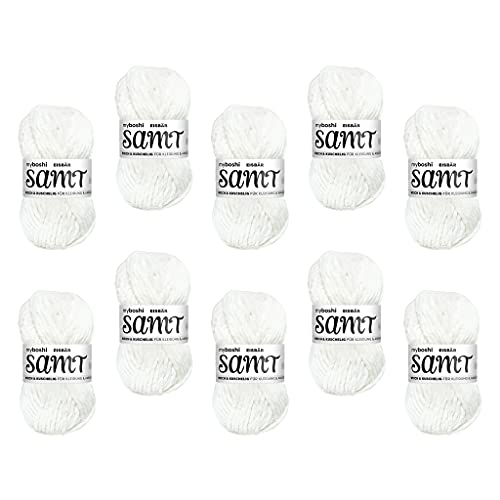 myboshi Samt Wolle zum Häkeln und Stricken, weiche Chenille Wolle im XXL-Knäuel, perfekt für Amigurumi und Kissen, 100% flauschige Polyester, 100g, Ll 100m Weiß (Eisbär), 10 Knäuel von myboshi