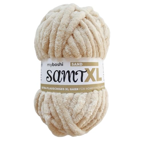myboshi Samt XL, kuscheliges, extra dickes Chenillegarn, super chunky, zum Häkeln und Stricken, XXL-Knäuel, 100g, Ll 40m, Beige (Sand), 1 Knäuel von myboshi