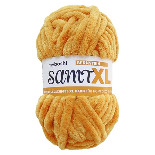 myboshi Samt XL, kuscheliges, extra dickes Chenillegarn, super chunky, zum Häkeln und Stricken, XXL-Knäuel, 100g, Ll 40m, Gelb (Bernstein), 1 Knäuel von myboshi