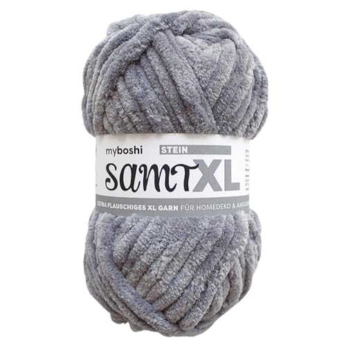 myboshi Samt XL, kuscheliges, extra dickes Chenillegarn, super chunky, zum Häkeln und Stricken, XXL-Knäuel, 100g, Ll 40m, Grau (Stein), 1 Knäuel von myboshi