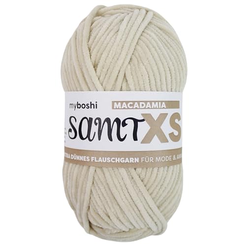myboshi Samt XS, flauschiges, dünnes Chenillegarn, zum Häkeln und Stricken, für Mini-Amigurumi, Accessoires und Bekleidung, 50g, Ll 90m, Beige (Macadamia), 1 Knäuel von myboshi