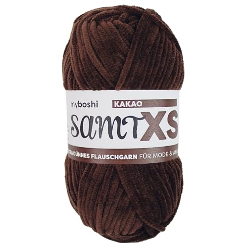 myboshi Samt XS, flauschiges, dünnes Chenillegarn, zum Häkeln und Stricken, für Mini-Amigurumi, Accessoires und Bekleidung, 50g, Ll 90m, Braun (Kakao), 1 Knäuel von myboshi