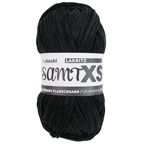 myboshi Samt XS, flauschiges, dünnes Chenillegarn, zum Häkeln und Stricken, für Mini-Amigurumi, Accessoires und Bekleidung, 50g, Ll 90m, Schwarz (Lakritz), 1 Knäuel von myboshi