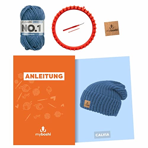 myboshi Strickring-Set Mütze Calvia, inkl. No.1-Wolle, Strickring, Anleitung, Wolle und Label, Strickringpaket, für Anfänger geeignet, Loom-Set 30% Merinowolle Blau mit Strickring von myboshi